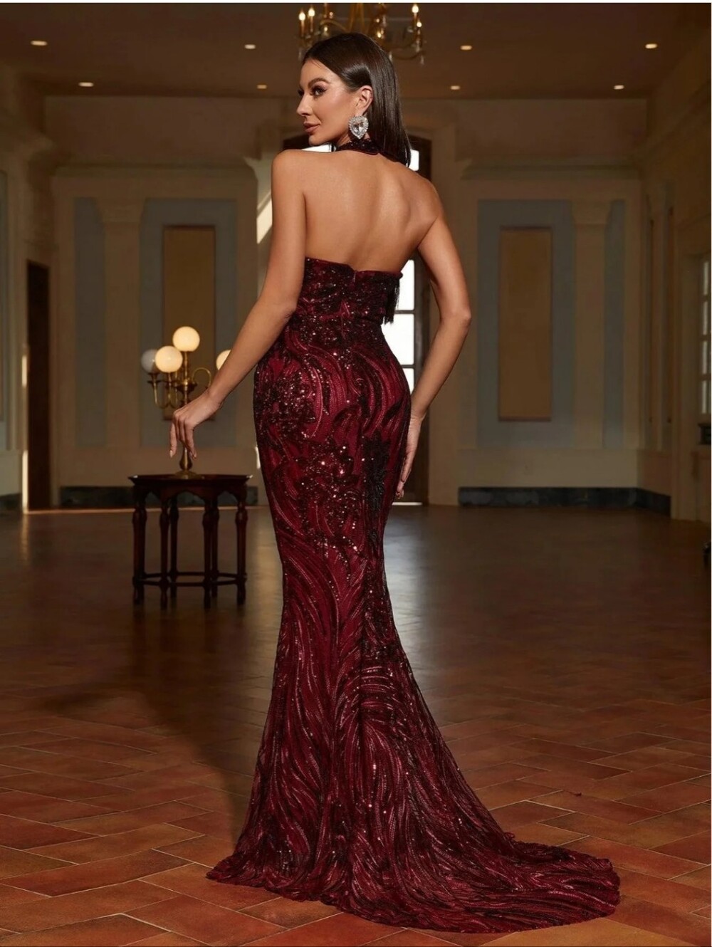 Sleeveless Burgundy Sequin Halter Prom Gown - Picture 10 of 16